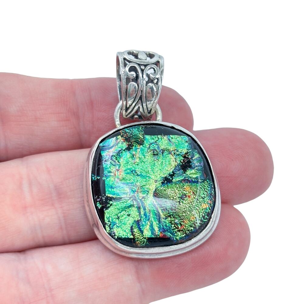 Vintage Sterling Silver 925 Green Dichroic Glass Pendant